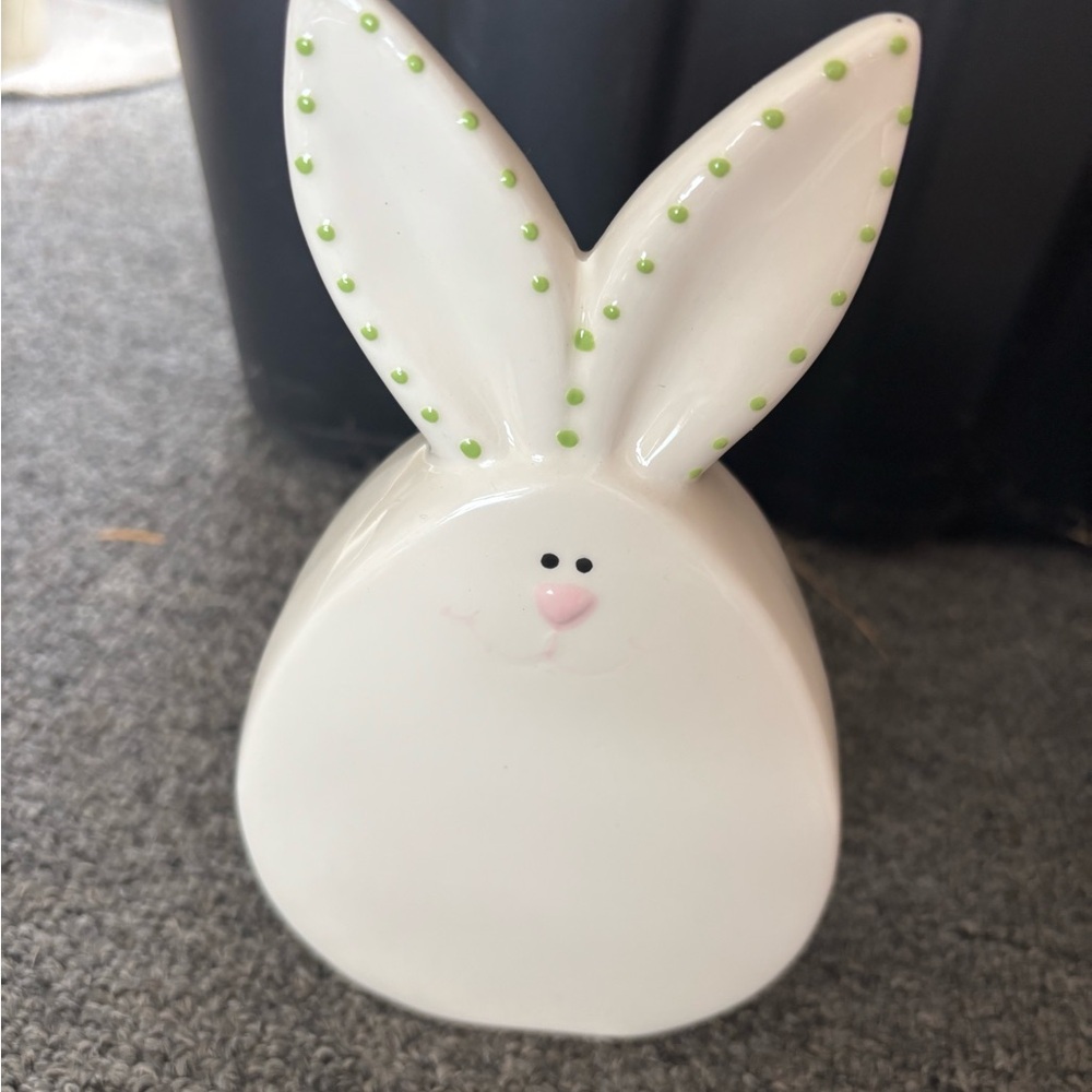 White Ceramic Bunny Figurine with Green Dot Accents